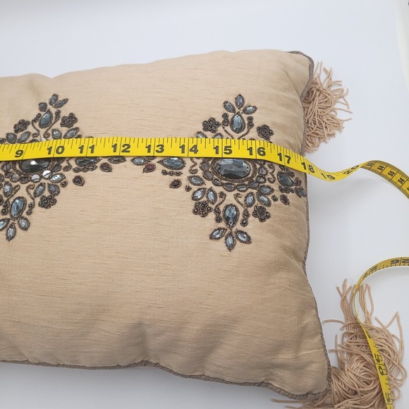 Borgata Beige and Black Beaded Medallion Fringe Tasseled 18x13 Throw Pillow - Picture 8 of 10
